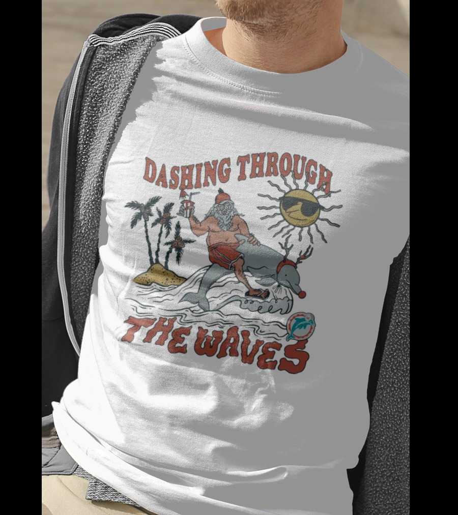 Dashing Through The Waves Miami Dolphins Christmas Santa Riding Dolphin T-Shirt