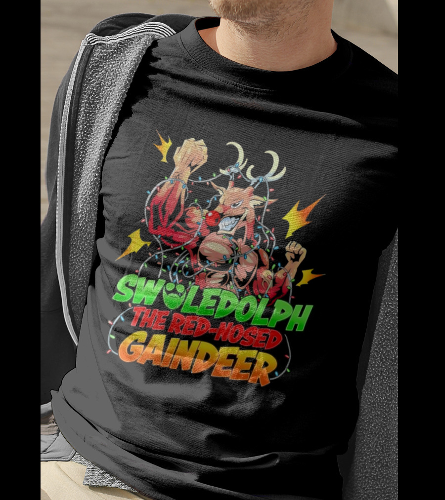 Swoledolph The Red-Nosed Gaindeer Christmas Lights Flexing T-Shirt
