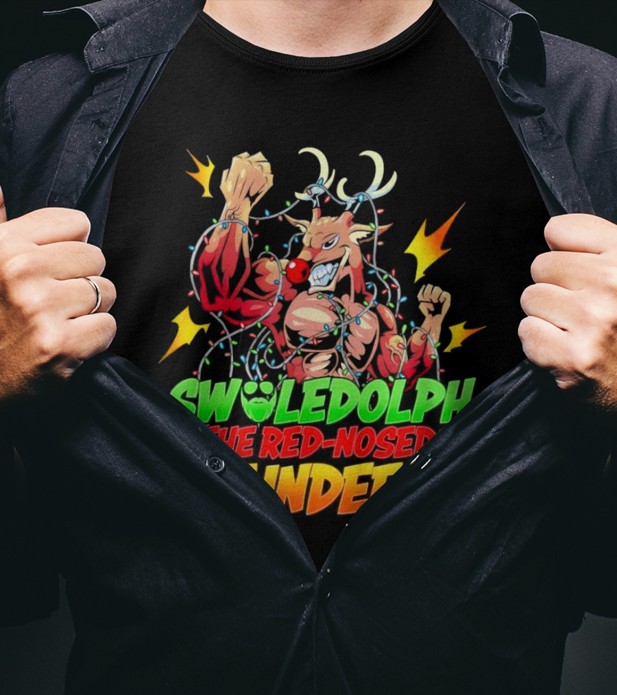 Swoledolph The Red-Nosed Gaindeer Christmas Lights Flexing T-Shirt