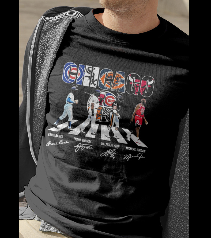 Chicago Cubs Bears Bulls Abbey Road Ernie Banks Frank Thomas Walter Payton Michael Jordan Signatures T-Shirt