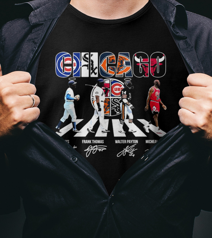 Chicago Cubs Bears Bulls Abbey Road Ernie Banks Frank Thomas Walter Payton Michael Jordan Signatures T-Shirt