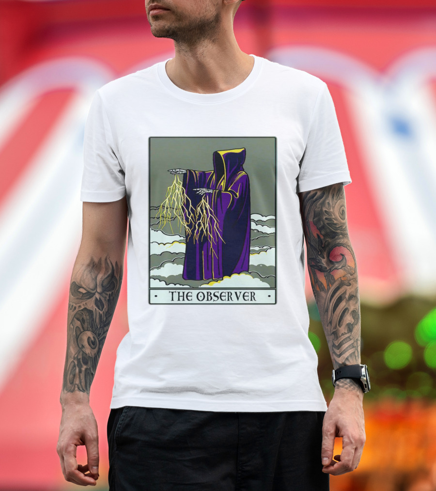 The Observer Hooded Figure with Lightning Tarot Card T-Shirt