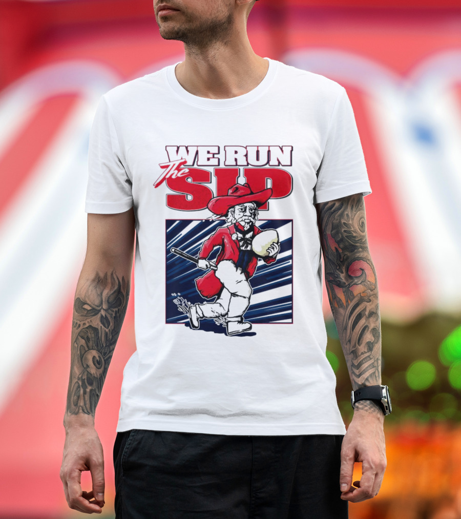 We Run the Sip Ole Miss Rebels Football Mascot Running with Ball T-Shirt