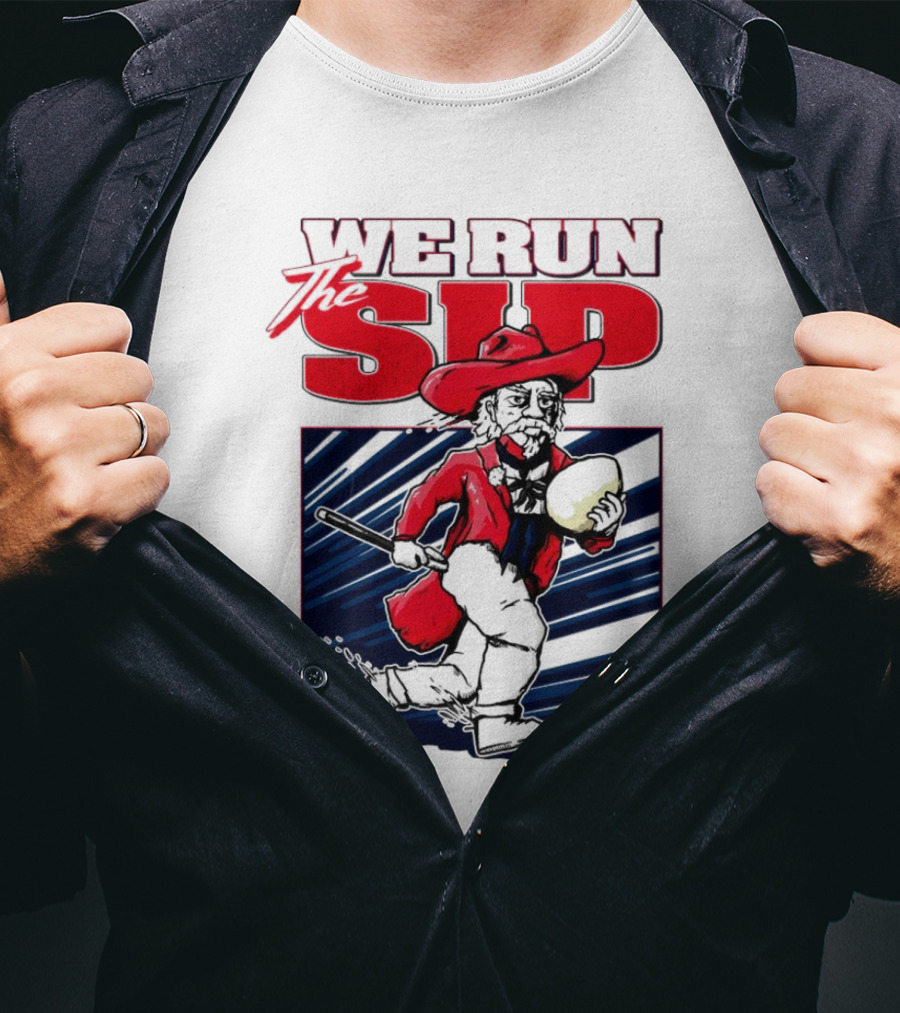 We Run The Sip Ole Miss Rebels Football Mascot Running With Ball T-Shirt