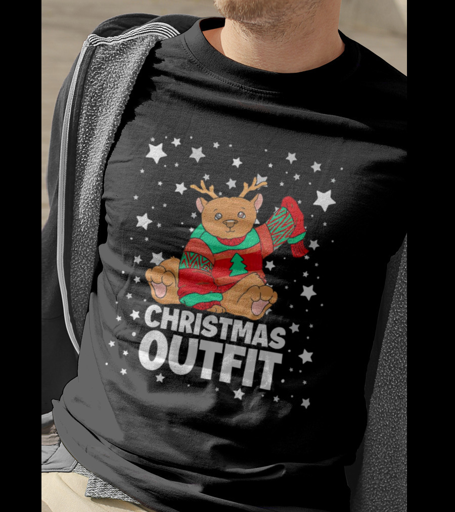 Bear Reindeer Christmas Outfit With Festive Sweater And Stars T-Shirt