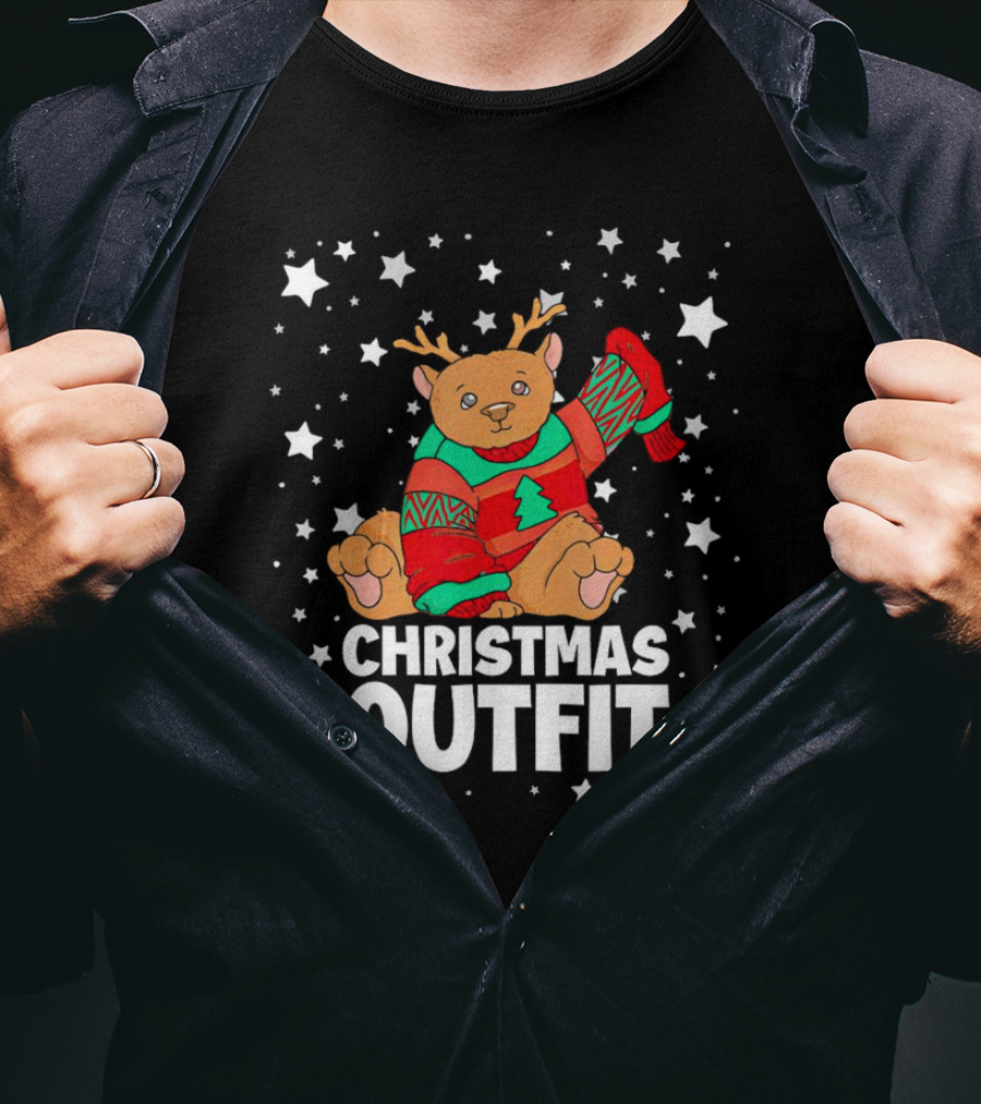 Bear Reindeer Christmas Outfit With Festive Sweater And Stars T-Shirt