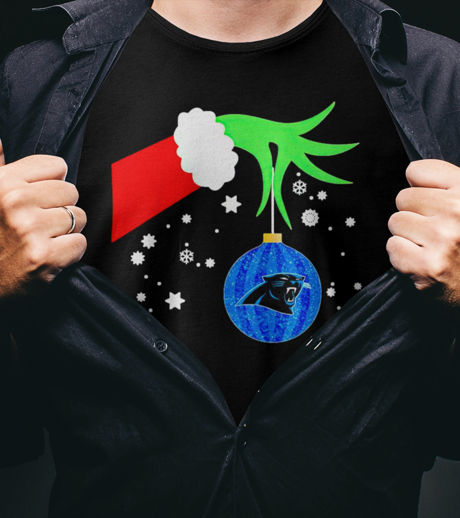 The Grinch Holding Carolina Panthers Christmas Ornament With Snowflakes T-Shirt