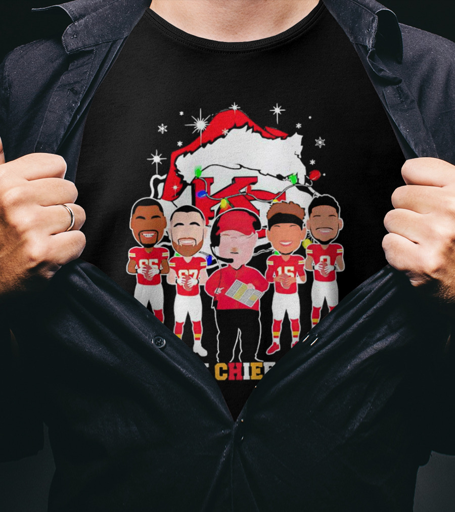 Kansas City Chiefs Merry Chiefs-Mas Christmas NFL Team Festive Cartoon Players And Santa Hat T-Shirt