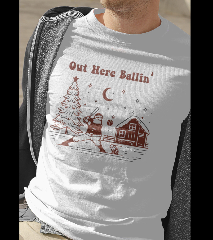 Out Here Ballin' Santa Playing Baseball Christmas Scene T-Shirt