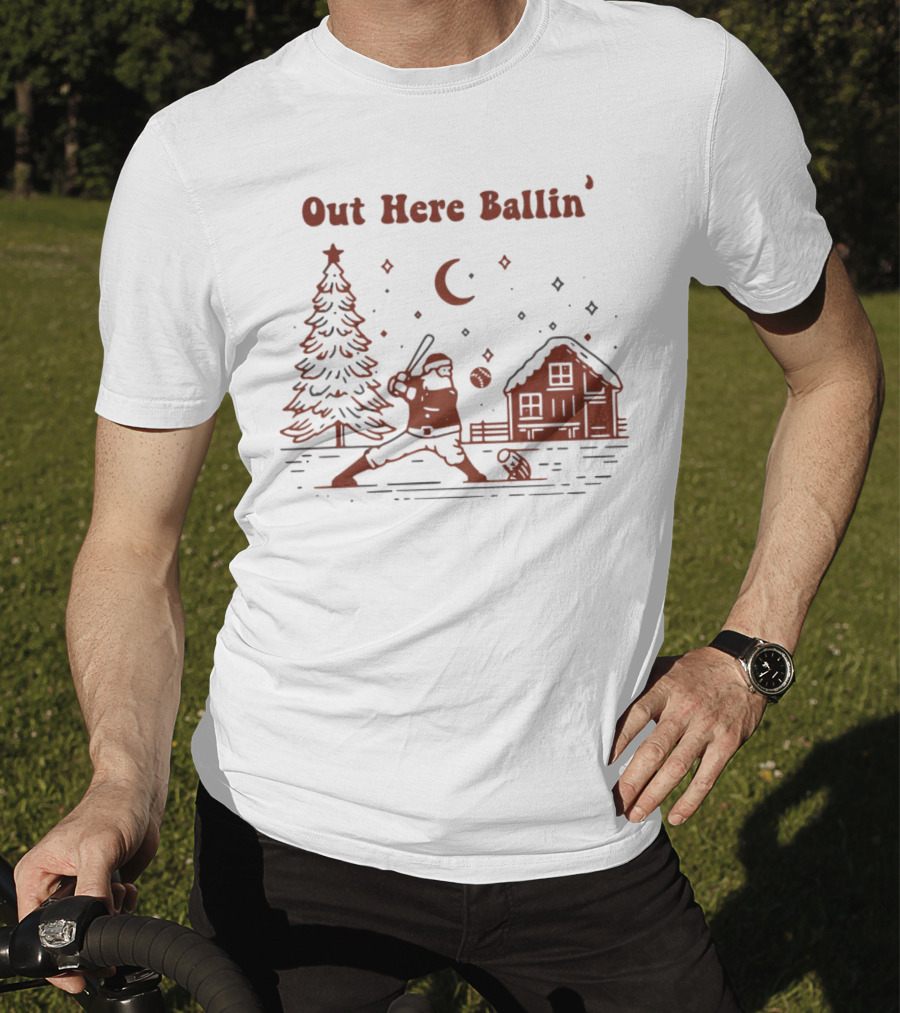 Out Here Ballin' Santa Playing Baseball Christmas Scene T-Shirt