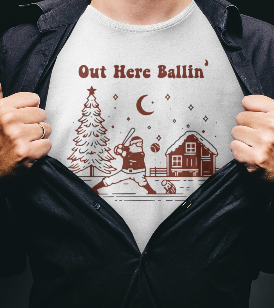 Out Here Ballin' Santa Playing Baseball Christmas Scene T-Shirt