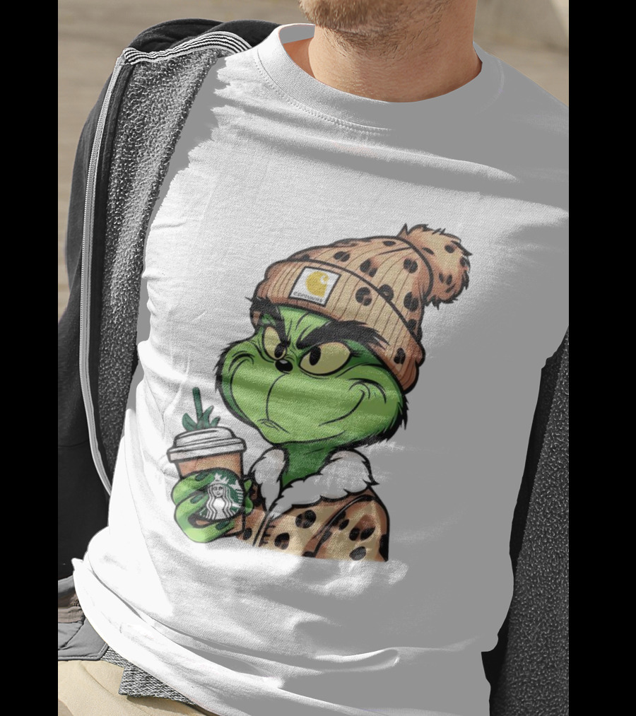 Grinch Boujee Leopard Coffee Cozy Winter T-Shirt