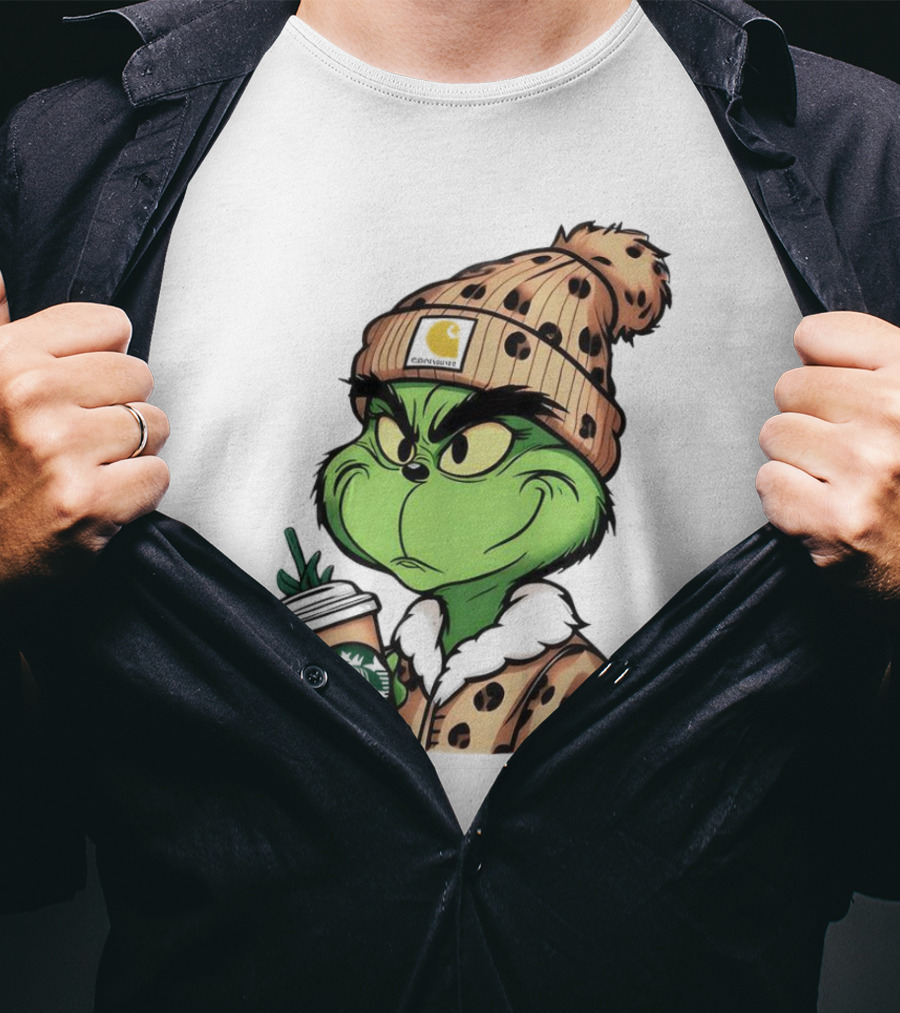 Grinch Boujee Leopard Coffee Cozy Winter T-Shirt