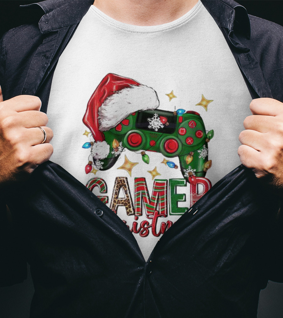 Gamer Christmas Santa Hat Game Controller Holiday Lights T-Shirt