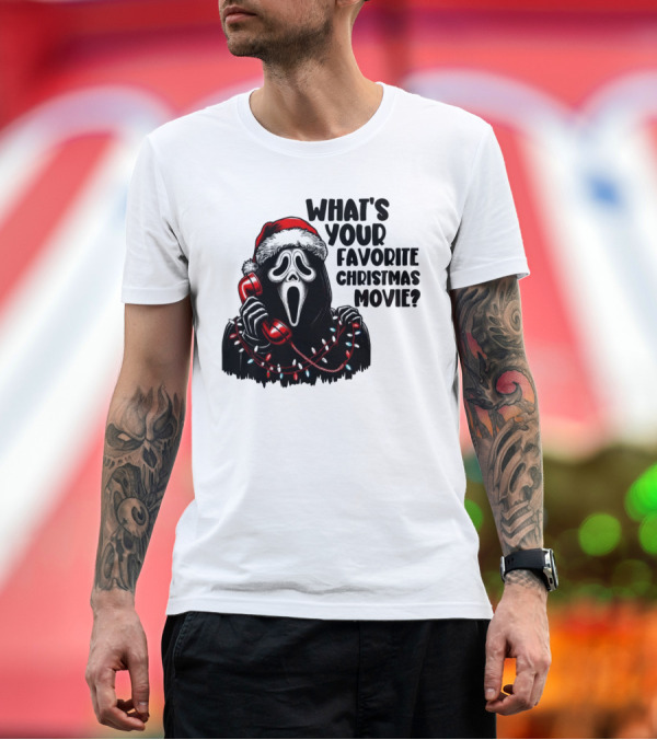 Premium T-Shirt: Ghostface What's Your Favorite Christmas Movie Festive Horror Santa Hat Phone Lights T-Shirt Ghostface What's Your Favorite Christmas Movie Festive Horror Santa Hat Phone Lights T-Shirt