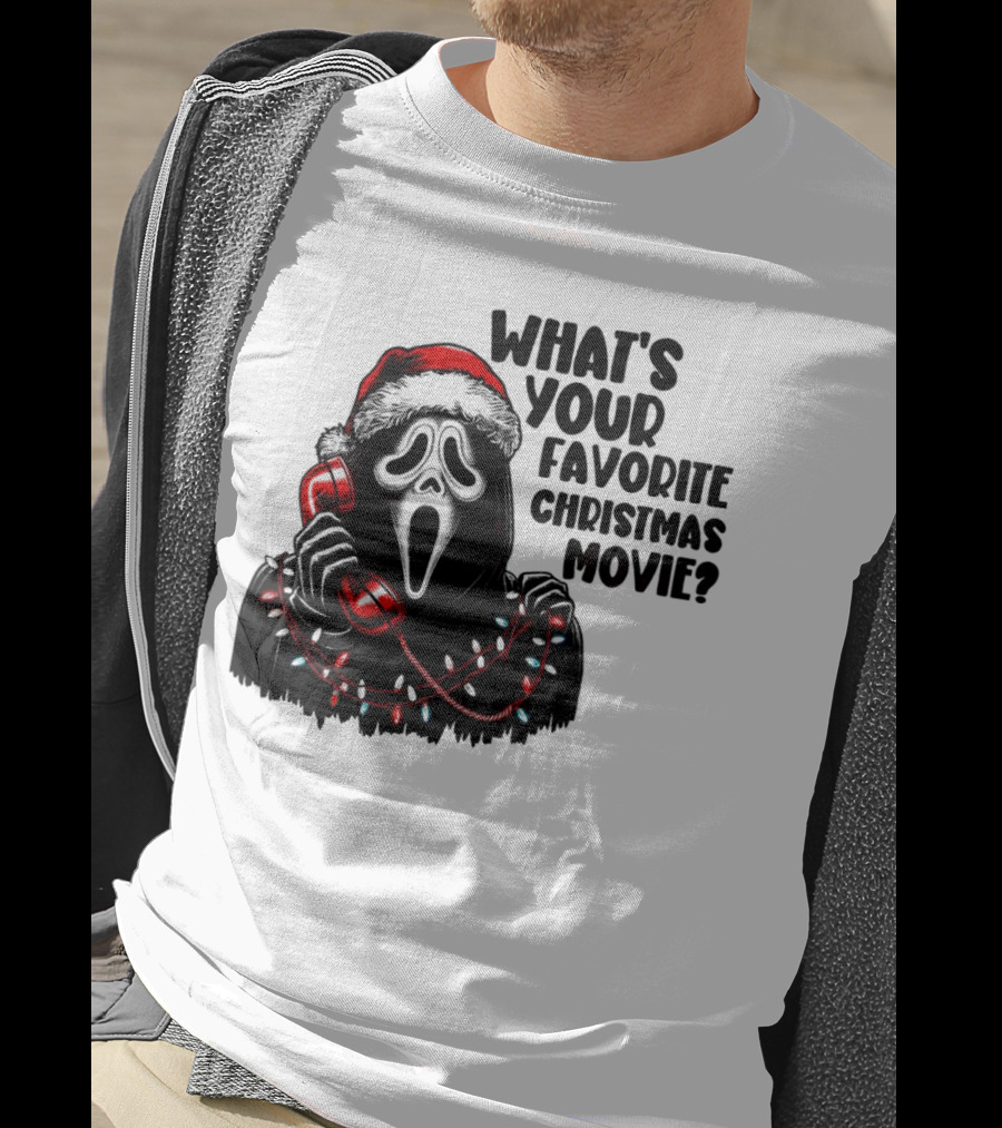 Ghostface What's Your Favorite Christmas Movie Festive Horror Santa Hat Phone Lights T-Shirt