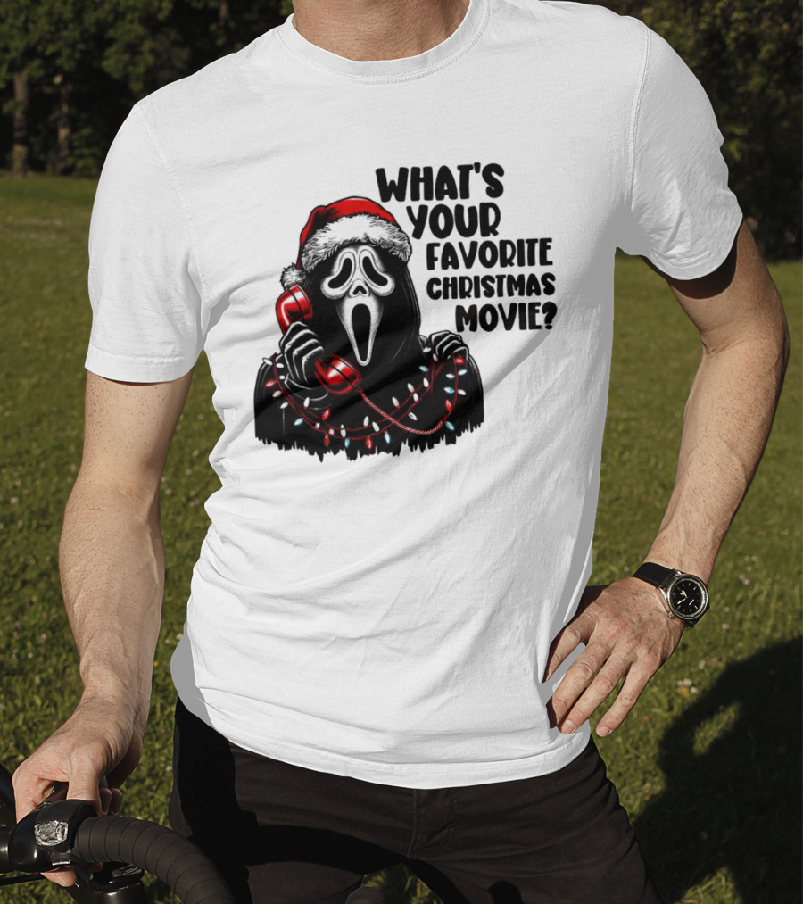 Ghostface What's Your Favorite Christmas Movie Festive Horror Santa Hat Phone Lights T-Shirt