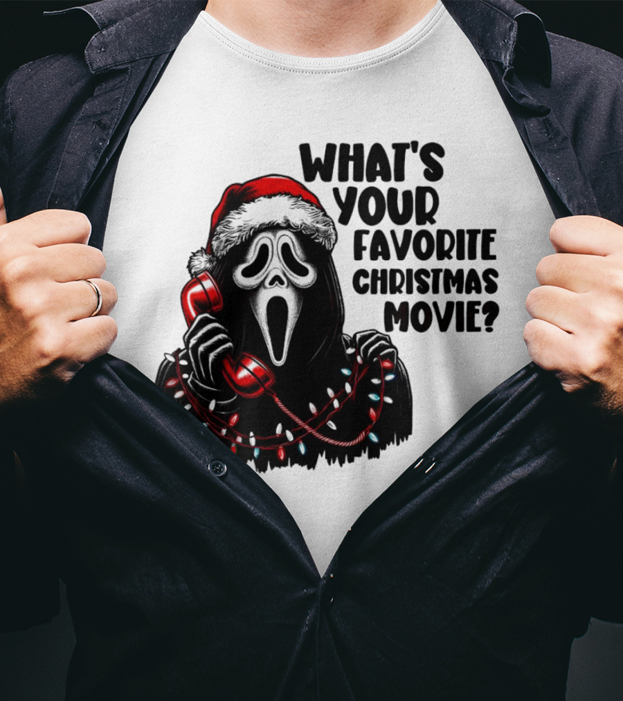 Ghostface What's Your Favorite Christmas Movie Festive Horror Santa Hat Phone Lights T-Shirt