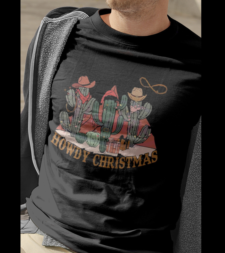 Howdy Christmas Cactus Cowboy Hats And Lasso Holiday Scene T-Shirt