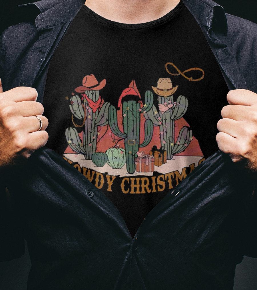 Howdy Christmas Cactus Cowboy Hats And Lasso Holiday Scene T-Shirt
