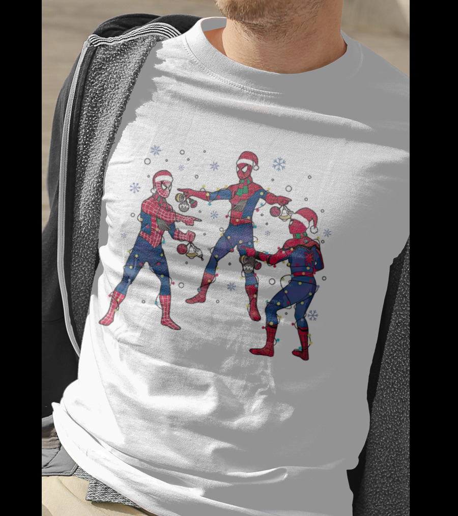 Funny Marvel Three Spiderman Meme Santa Christmas Lights Snowflakes T-Shirt