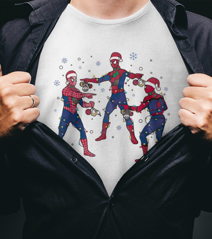 Funny Marvel Three Spiderman Meme Santa Christmas Lights Snowflakes T-Shirt