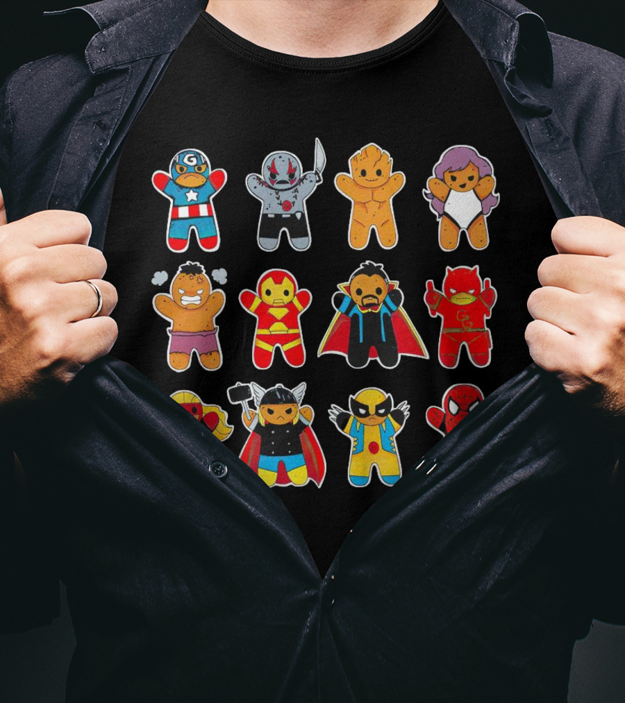 Gingerbread Super Heroes Cookie Avengers Guardians Comic Fun T-Shirt