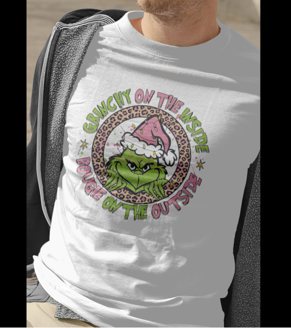 Grinchy On The Inside Bougie On The Outside Leopard Santa Hat T-Shirt