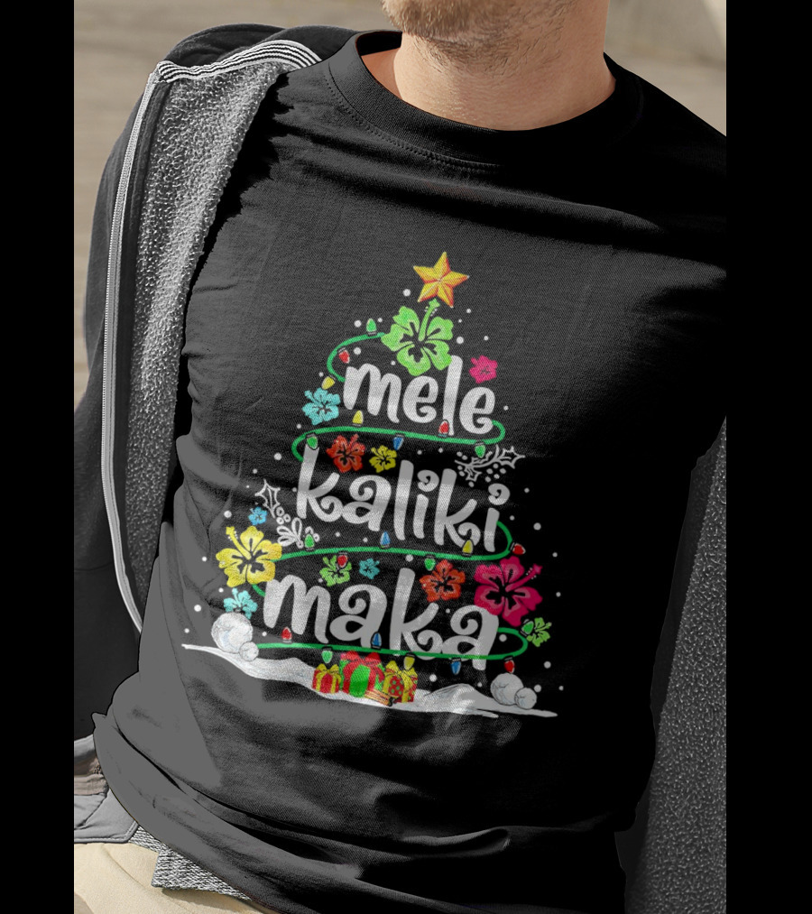 Mele Kalikimaka Christmas Tree With Flowers And Gifts T-Shirt