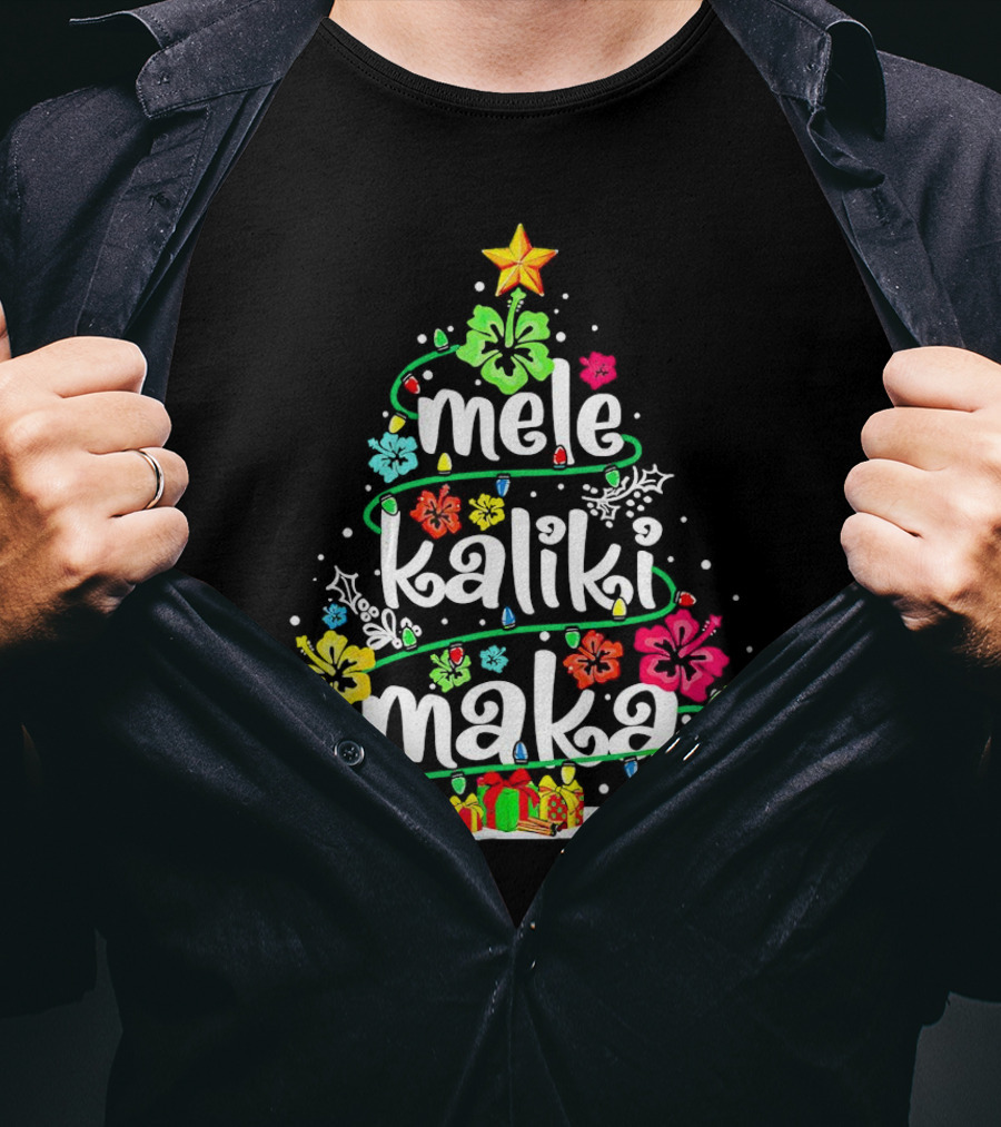 Mele Kalikimaka Christmas Tree With Flowers And Gifts T-Shirt