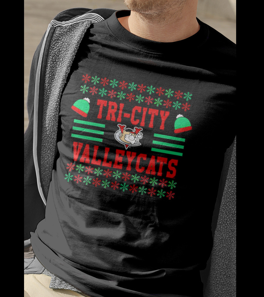 Tri-City ValleyCats Holiday Snowflake Pattern With Festive Hat And Cat T-Shirt