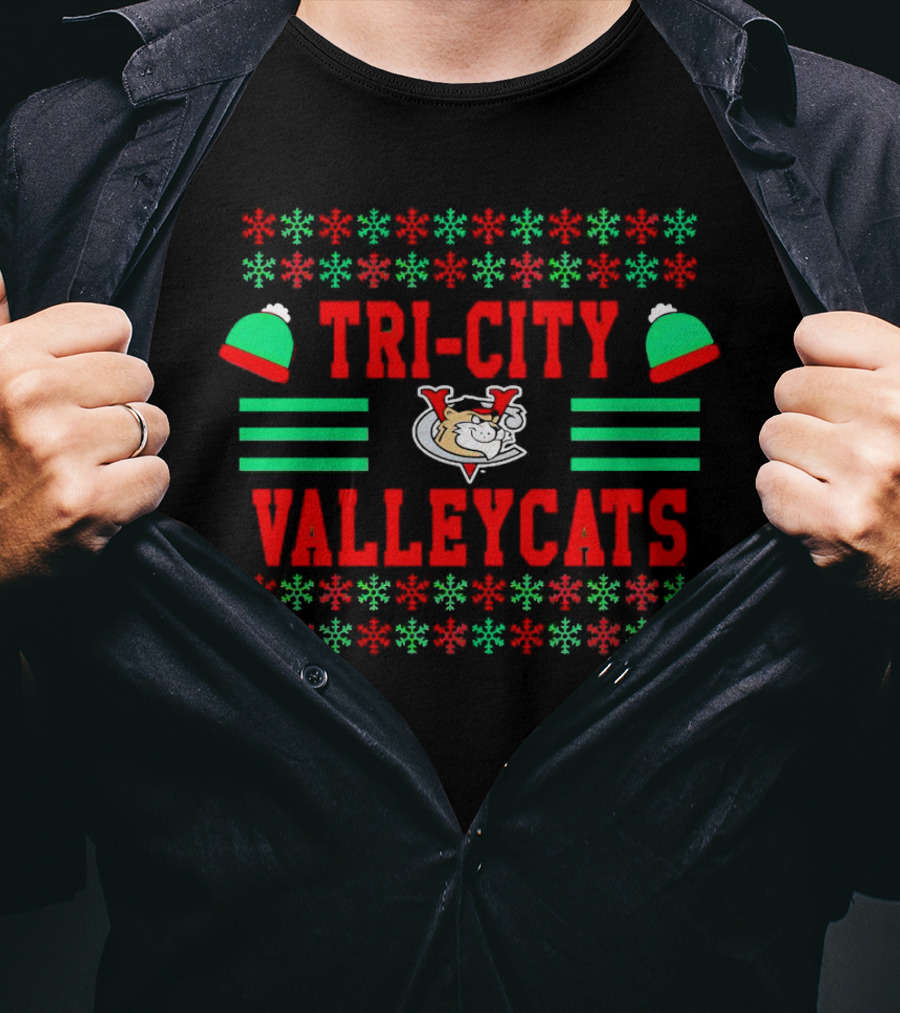 Tri-City ValleyCats Holiday Snowflake Pattern With Festive Hat And Cat T-Shirt