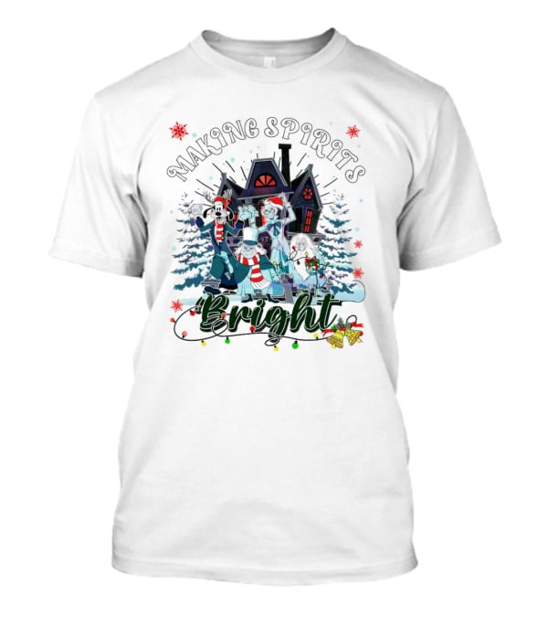 Making Spirits Bright Haunted Mansion Christmas Ghosts In Winter Scene T-Shirt