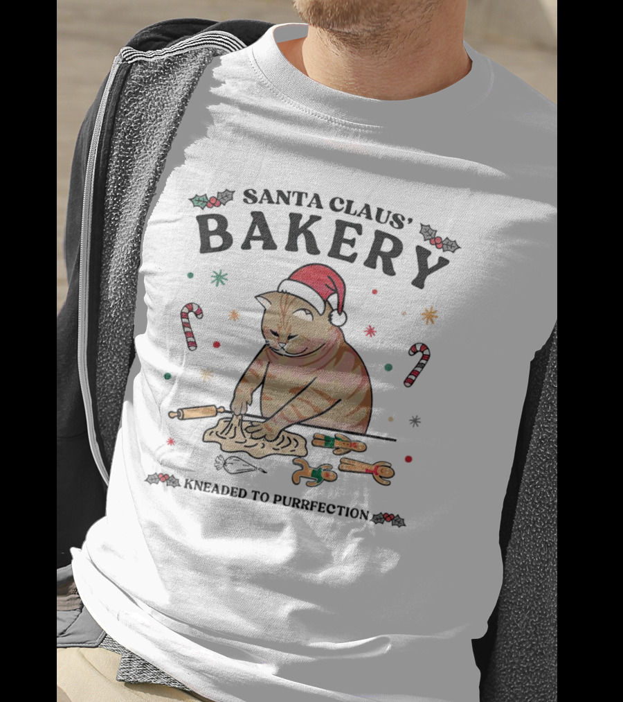 Santa Claus' Bakery Kneaded To Purrfection Cat With Santa Hat Making Cookies T-Shirt