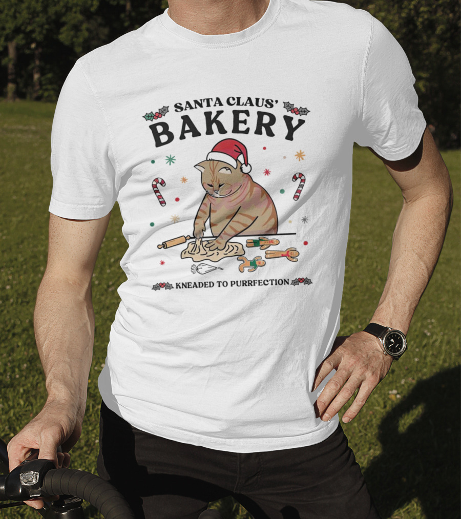 Santa Claus' Bakery Kneaded To Purrfection Cat With Santa Hat Making Cookies T-Shirt