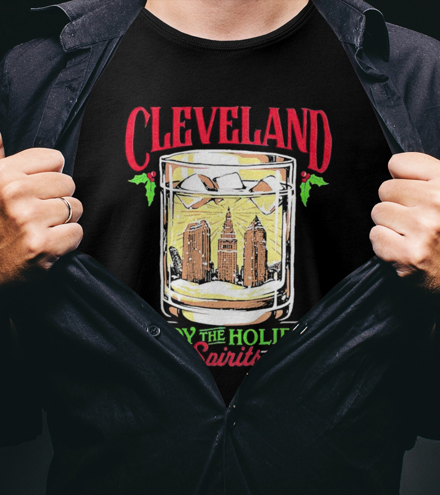 Cleveland Skyline In Whiskey Glass Enjoy The Holiday Spirits T-Shirt
