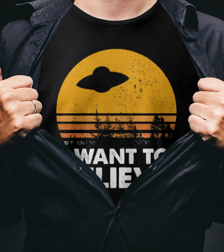 I Want To Believe Alien UFO Vintage Sunset T-Shirt