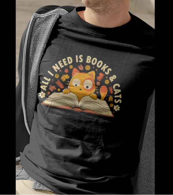 All I Need Is Books And Cats With Curious Feline And Open Book T-Shirt