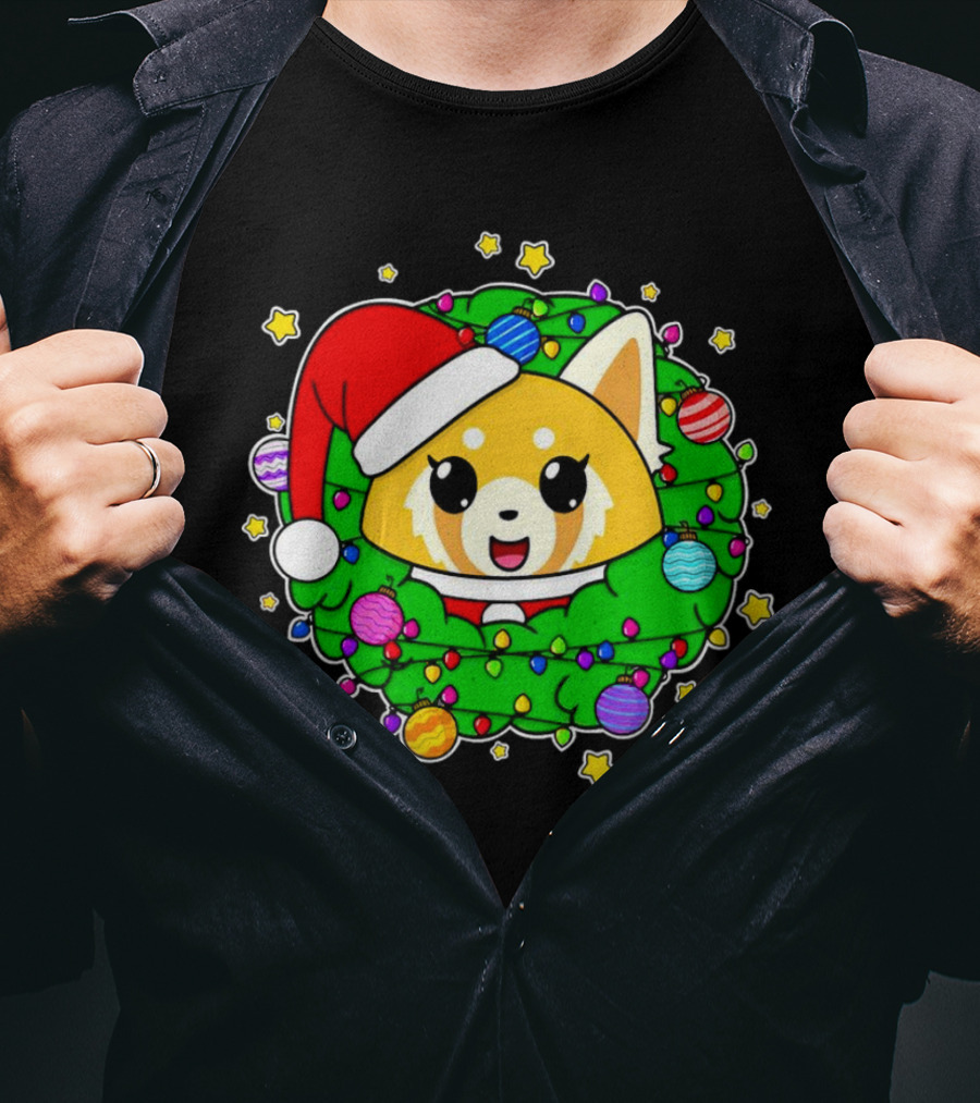 Aggressively Merry Christmas Kawaii Red Panda With Santa Hat In Holiday Wreath T-Shirt