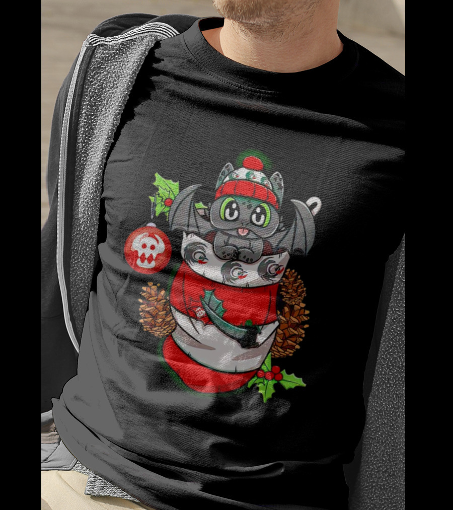 Baby Dragon Holiday Stocking With Skull Ornament And Pinecones T-Shirt