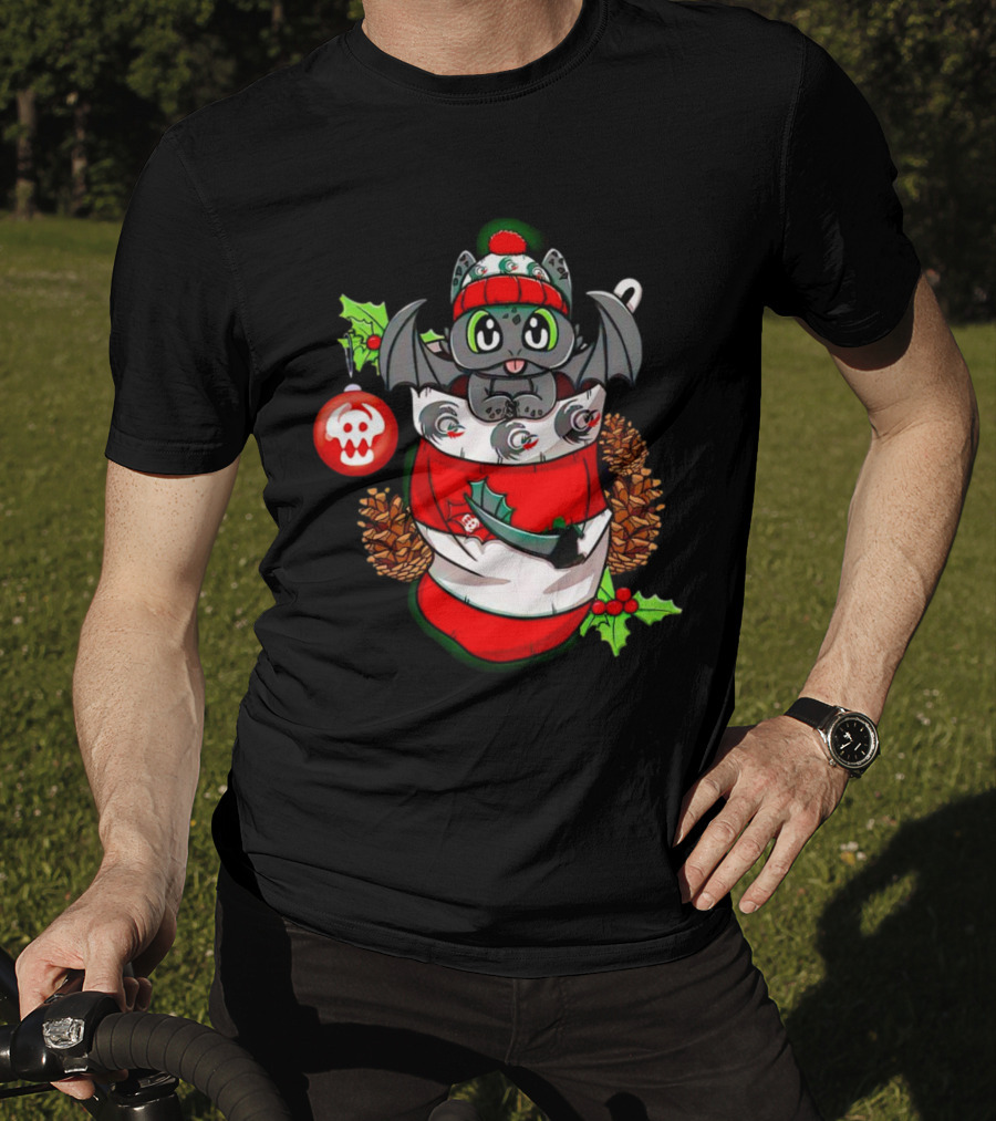 Baby Dragon Holiday Stocking With Skull Ornament And Pinecones T-Shirt