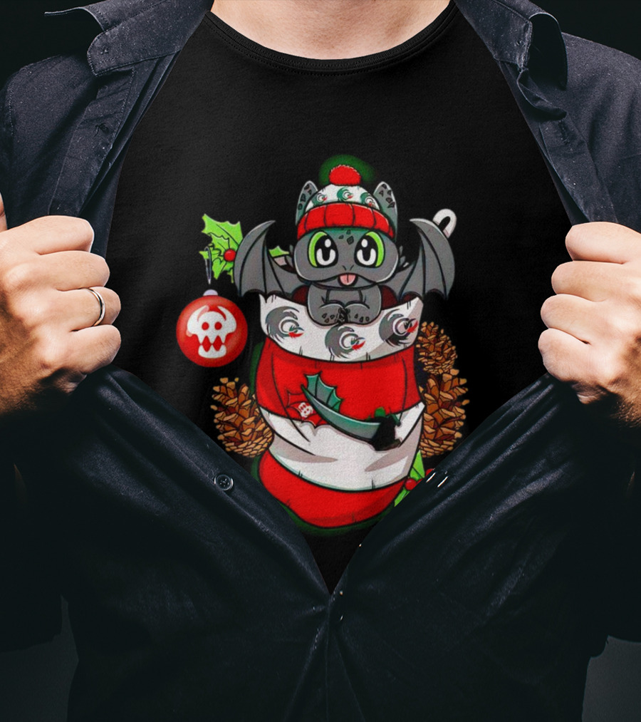 Baby Dragon Holiday Stocking With Skull Ornament And Pinecones T-Shirt