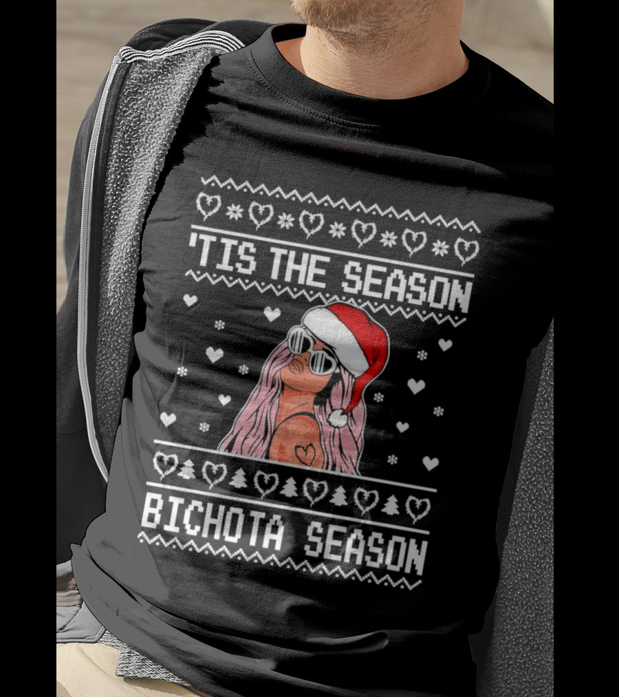 Bichota Season 'Tis The Season Christmas Santa Hat Hearts And Snowflakes T-Shirt