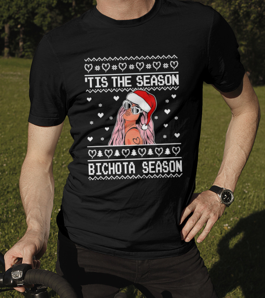 Bichota Season 'Tis The Season Christmas Santa Hat Hearts And Snowflakes T-Shirt