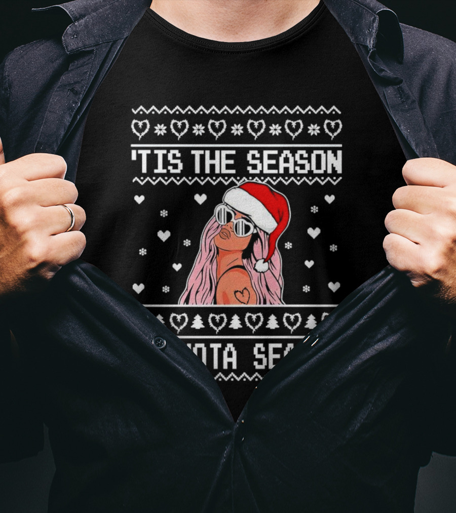 Bichota Season 'Tis The Season Christmas Santa Hat Hearts And Snowflakes T-Shirt