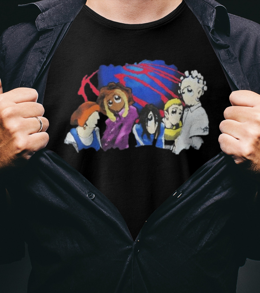 Rare Vintage 1998 Korn Cartoon Characters With Bold Red And Blue Elements T-Shirt