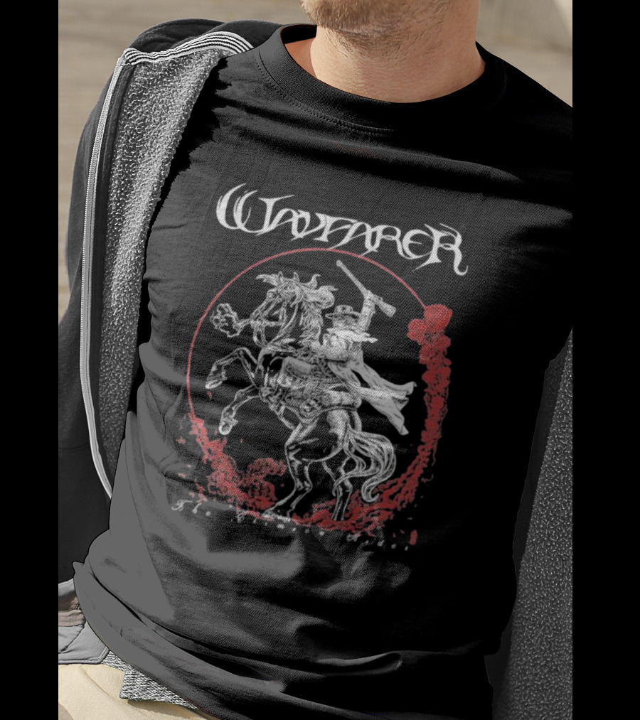 Wayfarer The Crimson Rider Vintage Western Hero On Horseback With Red Cloud Motif T-Shirt