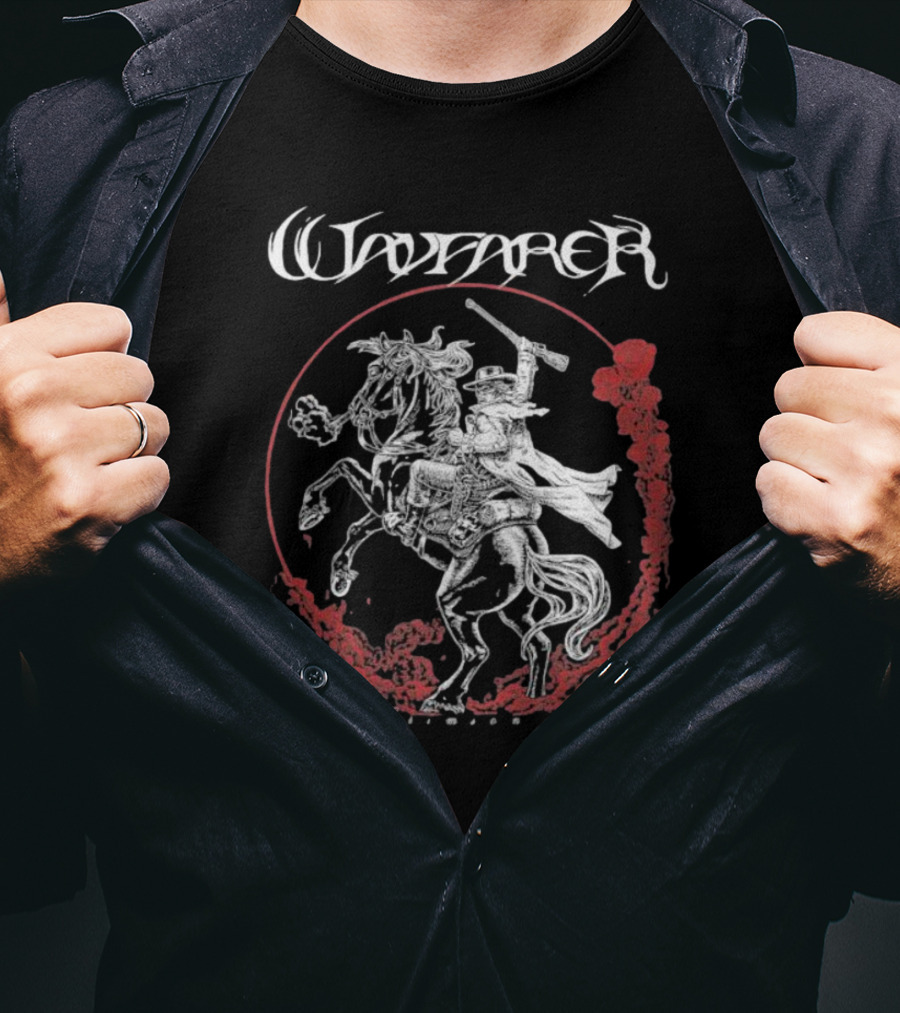 Wayfarer The Crimson Rider Vintage Western Hero On Horseback With Red Cloud Motif T-Shirt