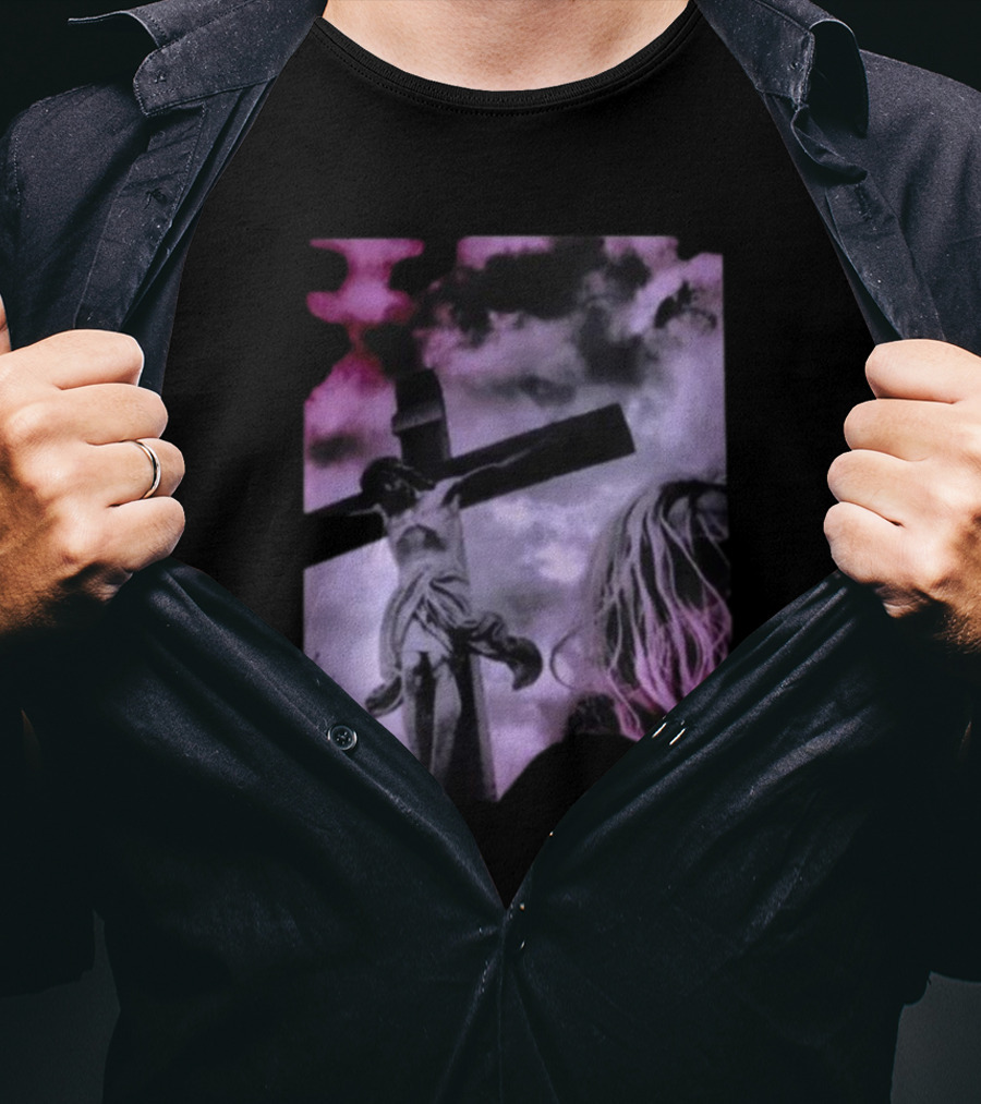Zakk Wylde Jesus Crucifixion Image With Dark Sky And Blonde Hair Motif T-Shirt