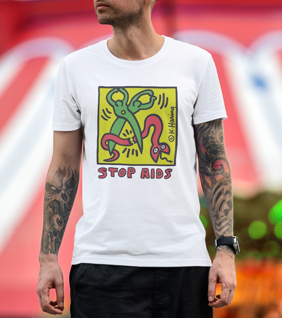 Keith Haring Stop Aids Scissors Cutting Snake T-Shirt